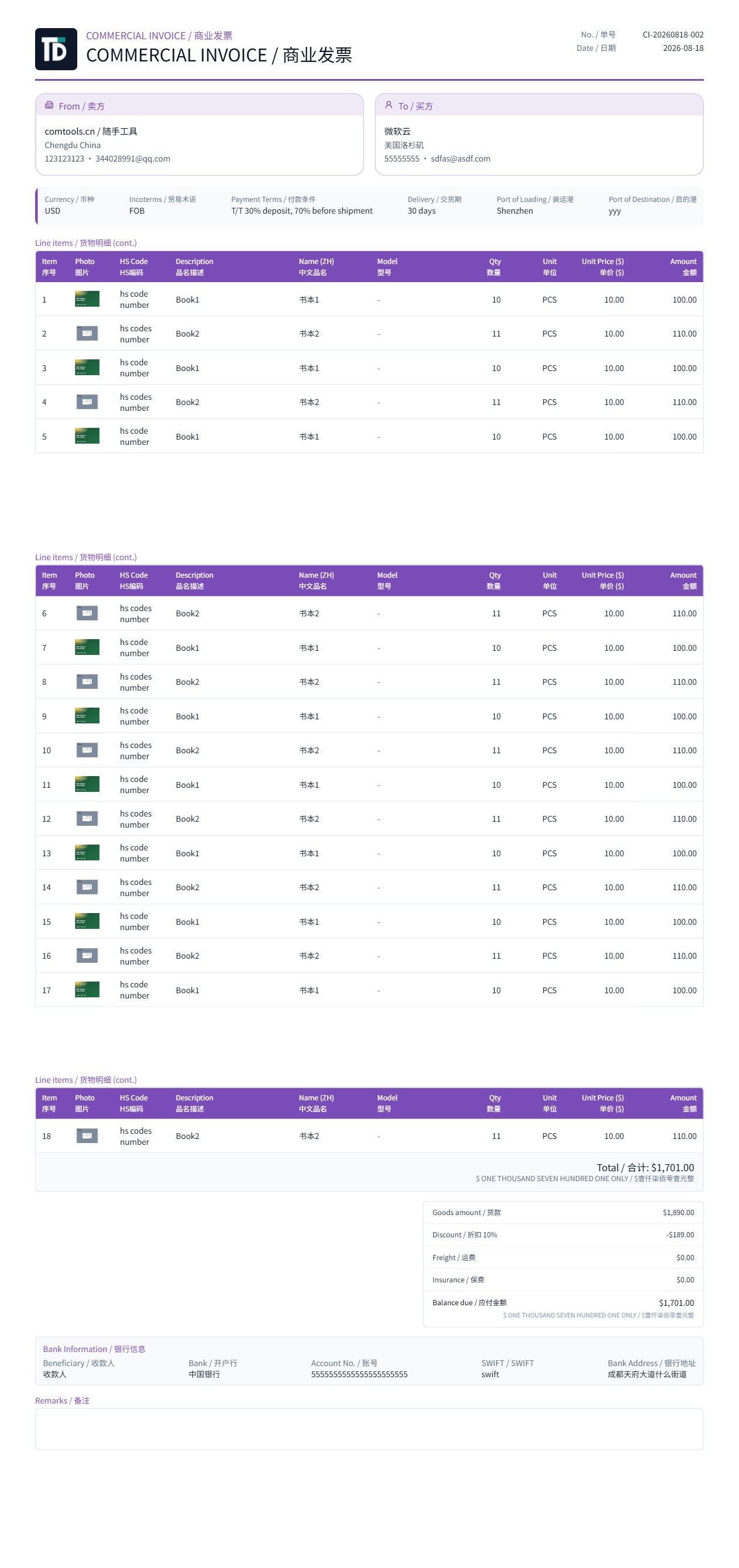 Sample sales contract PDF generated by TradeDocs